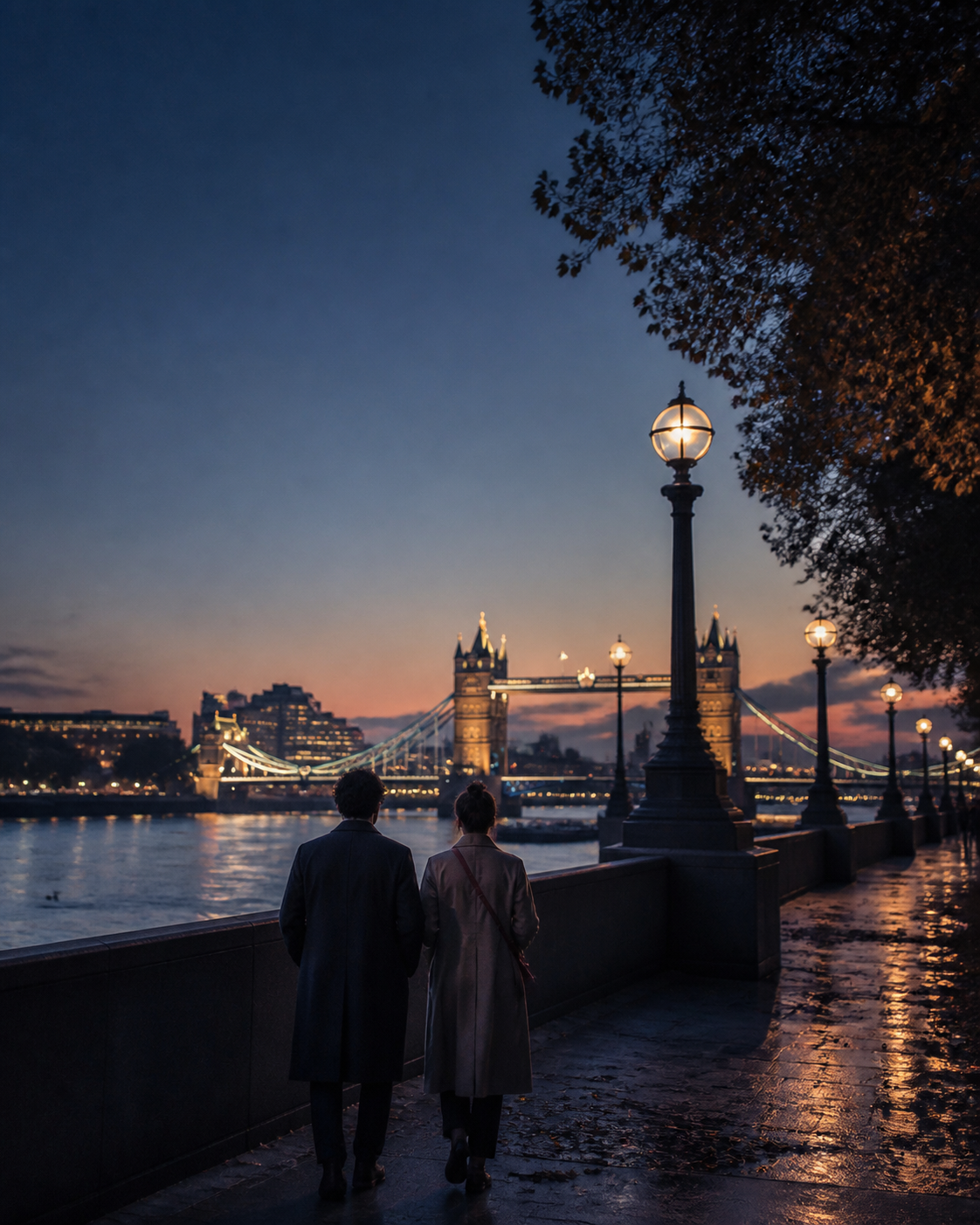 A couple walking beside the Thames at dawn with Tower Bridge ahead